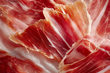 Close-up of a thin slice of prosciutto, rich marbling visible