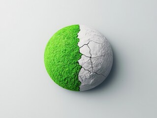 Earth divided into green and grey halves, industrialization vs nature