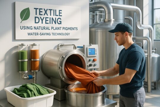 Worker operating textile dyeing machine using natural plant pigments in eco-friendly factory with stainless tanks in background under soft daylight. Ai generative - Powered by Adobe