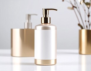 Gold-Accented Cosmetic Bottle on White Surface with Decor.