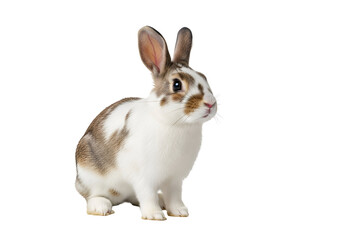 Fototapeta premium Adorable rabbit with brown and white fur sitting on a black background showcasing its cute