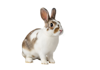 Adorable rabbit with brown and white fur sitting on a black background showcasing its cute