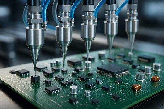 Automated robotic arms assembling electronic components on green circuit board in high-tech factory with precise tools and modern background light. Ai generative