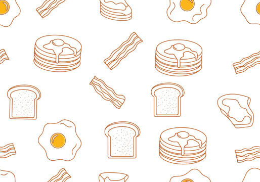 Breakfast themed seamless pattern with pancakes, bacon, eggs and toast.