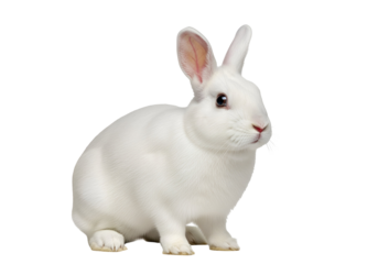 Adorable white rabbit sitting on black background with realistic fur and alert expression