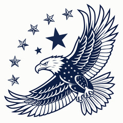 Majestic bald eagle in flight adorned with stars and surrounded by scattered stars symbolizing american patriotism and freedom
