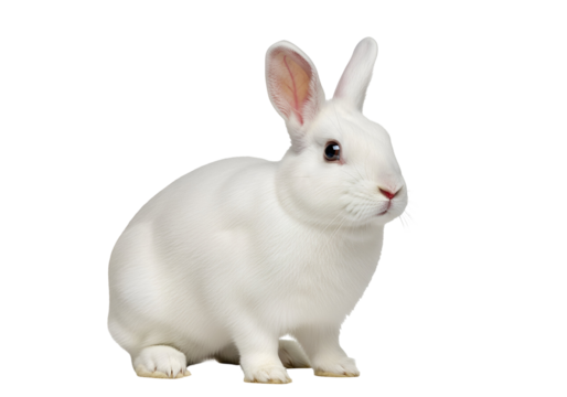 Adorable white rabbit sitting on black background with realistic fur and alert expression - Powered by Adobe