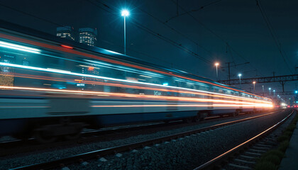 Train moving at night with light trails on urban railway  