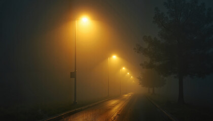 Foggy street illuminated by street lamps at night  