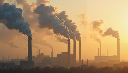 Smoke-emitting industrial chimneys at sunset against skyline  