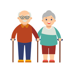 A cheerful elderly couple holding hands and walking with canes representing companionship and active senior living