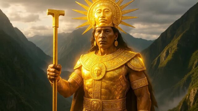 Inti Incan Sun God Radiating Light in Glowing Golden Armor Symbolizing Power, Vitality, and Life-Giving Energy