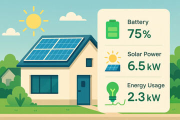 Solar panel system on house roof with battery and energy usage display