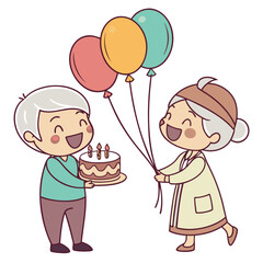 Joyful elderly couple celebrating a birthday together with a cake and balloons in a cute cartoon style illustration