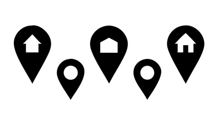 Location pin icons with house symbol isolated on white background, representing real estate, property, and navigation to home or residential address on a map