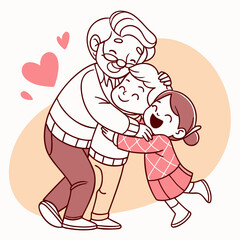 A loving grandfather shares a warm embrace with his two happy grandchildren surrounded by hearts and a soft peach background symbolizing affection and family connection