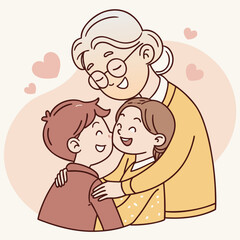 A loving grandmother embraces her two happy grandchildren sharing a tender moment of joy and affection with hearts floating around them