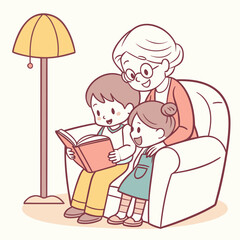 A loving grandmother wearing glasses reads a book to her two happy grandchildren sitting together on a comfortable couch under a floor lamp
