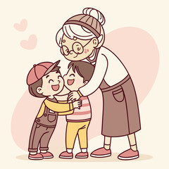 Loving grandmother embracing her two happy grandchildren with open arms sharing a moment of joy and affection