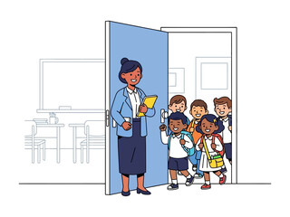 School's Out: Students exit the classroom as their teacher watches. A moment of transition filled with anticipation and the promise of discovery. 