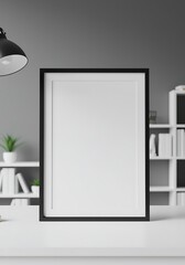 Black Frame Mockup Standing on White Desk with Lamp and Shelves Ideal for Art Display and Design Presentation