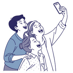 A group of three people taking a selfie with a smartphone, isolated on white background they are smiling and looking at the camera, enjoying their time together