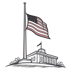 American flag flying at half mast in front of a classical building symbolizing mourning or national remembrance