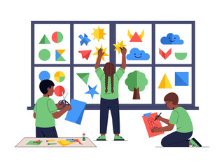 Creative Kids: Playful youngsters engaging in a creative art project, decorating a vibrant artwork in the art studio, exploring shapes and colors, cultivating their artistic talents.