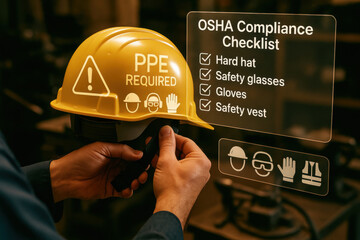 Safety helmet with PPE required sign and OSHA compliance checklist for protection gear