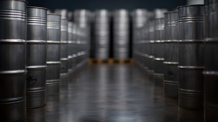 Classic metal oil barrels in a warehouse, subtle reflections and cinematic lighting