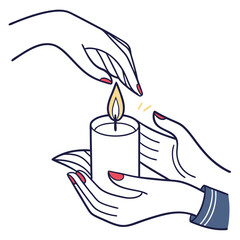 Two elegant hands gently cupping and protecting a lit candle with a warm yellow flame and glowing sparks