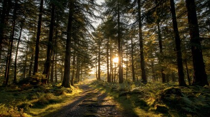 Fototapeta premium Forest path to sunlit horizon, trees casting shadows, ferns lining path