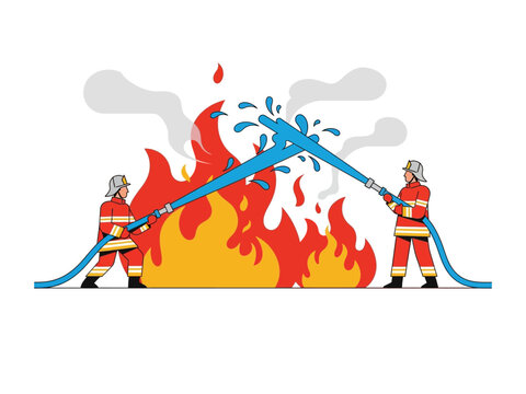 Heroic Firefighters: Two brave firefighters in vibrant uniforms combat a raging inferno, wielding powerful water hoses to extinguish the flames in a heroic display of courage and dedication.