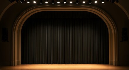 Empty Stage in Spotlight: A classic theatre stage, framed by an elegant archway, stands ready. With its imposing black curtain and spotlight.