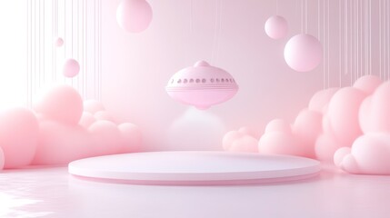 Pastel Pink Scene with Floating UFO