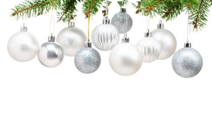 A festive silver glass Christmas ball ornament hangs from a holiday branch