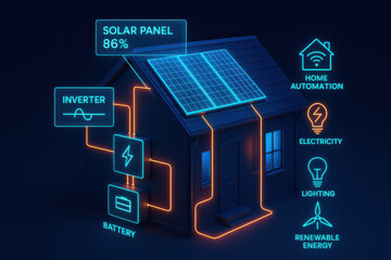 Solar panel system powering home automation with battery and inverter for renewable energy