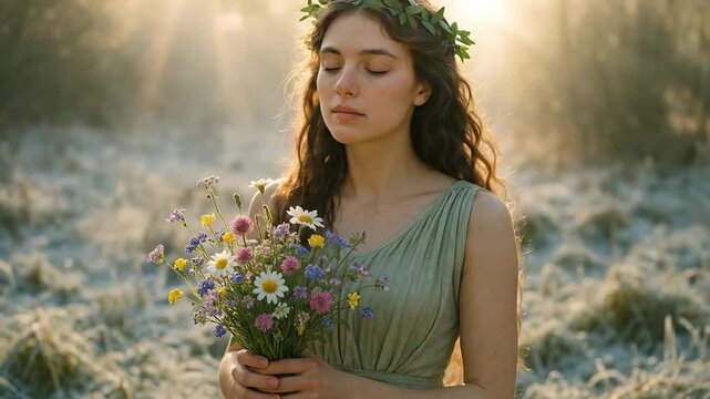 Persephone Greek Goddess of Spring and Renewal Holding a Bouquet of Wildflowers Symbolizing Growth, Life, and the Cycle of Nature