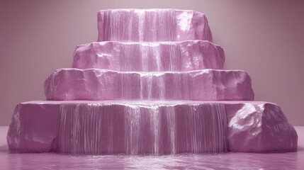 Pink waterfall cascading down tiered rocks