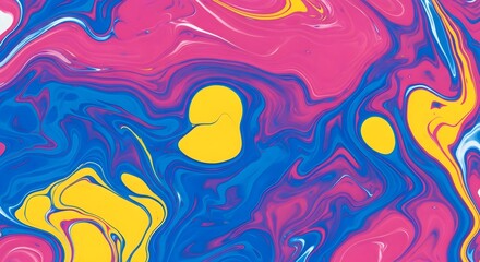 Dynamic interplay of blue, pink, and yellow create a captivating fluid art abstract design.
