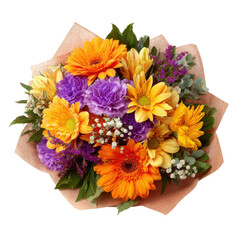 Colorful Bouquet of Orange Gerbera Daisies Purple Carnations and Yellow Daisies flowers floral, Isolated On White, Png Transparent, Cut Out