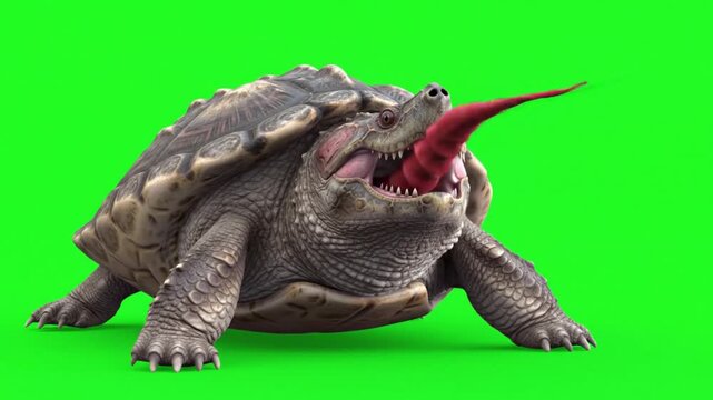 Alligator snapping turtle with open mouth showing its worm-like lure tongue for hunting on a green screen background