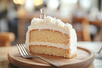 Delicious slice of layered vanilla cake with creamy frosting on wooden plate
