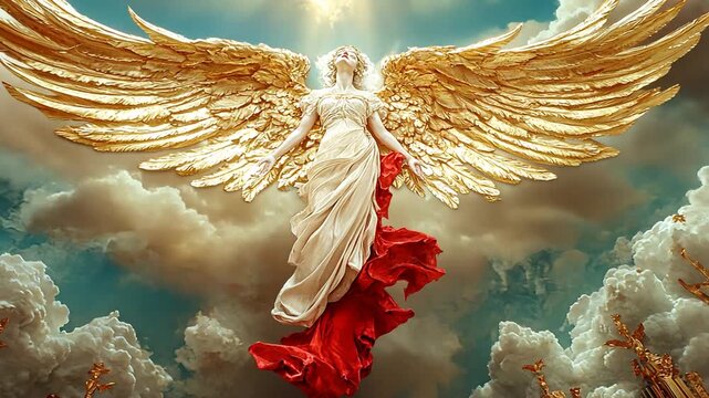 Golden angel soaring amidst clouds