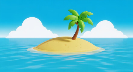Obraz premium A cartoon island with a palm tree in the middle of the ocean under a blue sky with white clouds