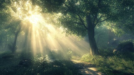 Obraz premium Sunlight streams through misty forest