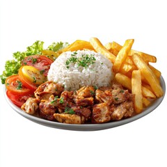 Plate of seasoned chicken, rice, and fries