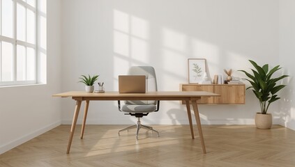 Fototapeta premium Modern Minimalist Home Office with Natural Light and Warm Tones