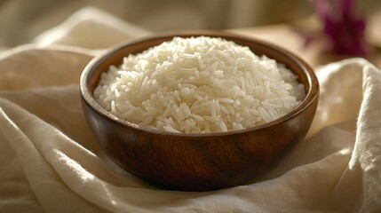 A wooden bowl filled with cooked white rice.  Natural light highlights the grains