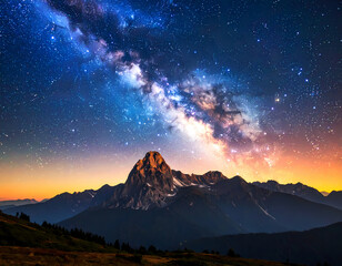 Fototapeta premium Awe inspiring mountain peak under vibrant night sky. colorful milky way galaxy full of star creates serene landscape in deep space